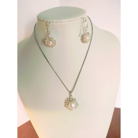 Women's Sterling Silver Jewellery Set Pearl Earrings Pendant Necklace 16"  Italy - Picture 13 of 14